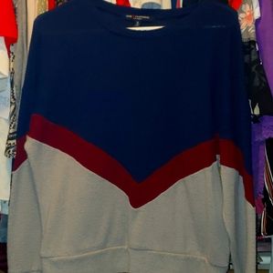 Soft gray, blue and red sweater